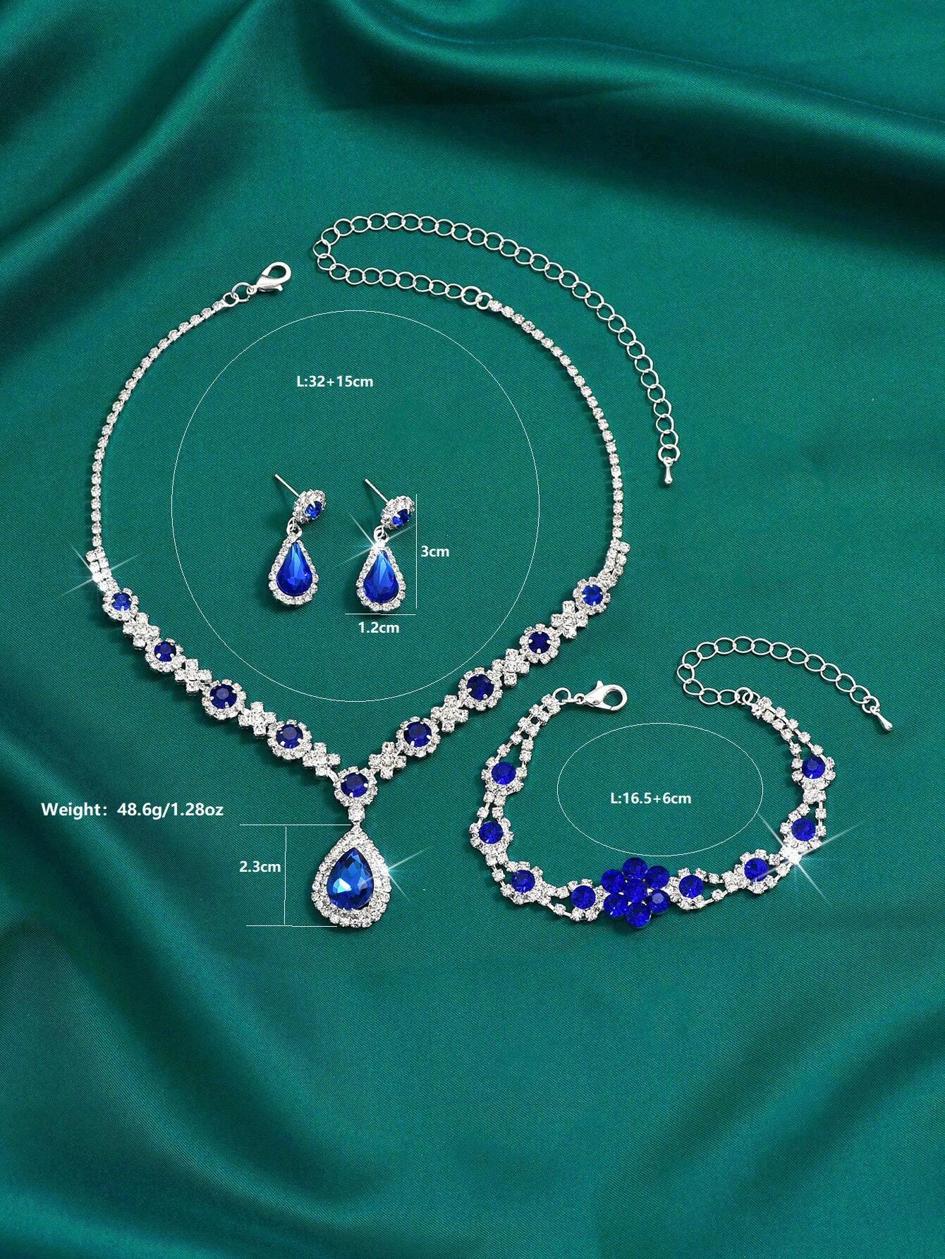 Wedding Dinner Fashion Jewelry Set, Including Necklace, Earrings, And Bracelet. Floral Design With Rhinestones In Silver Color