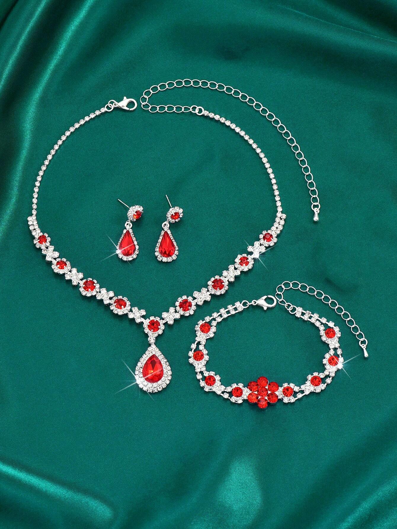 Wedding Dinner Fashion Jewelry Set, Including Necklace, Earrings, And Bracelet. Floral Design With Rhinestones In Silver Color