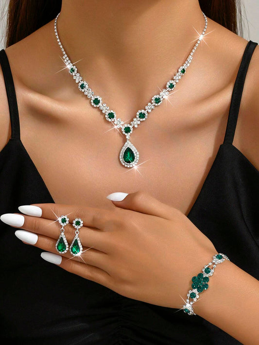 Wedding Dinner Fashion Jewelry Set, Including Necklace, Earrings, And Bracelet. Floral Design With Rhinestones In Silver Color